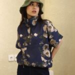 بامبر زنانه طرح‌دار سرمه‌ای با پارچه لینن ایتالیایی سانتانا