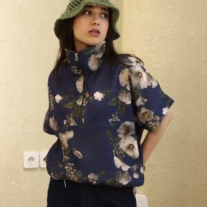 بامبر زنانه طرح‌دار سرمه‌ای با پارچه لینن ایتالیایی سانتانا