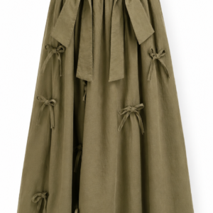 دامن میدی لینن سبز زیتونی پاپیون‌دار زنانه