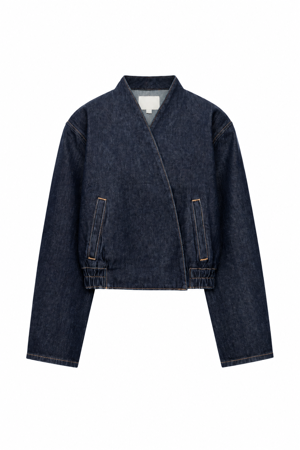 بامبر جین کیمونو زنانه – مدل وراپ تیره (Dark Indigo Wrap Denim Jacket)
