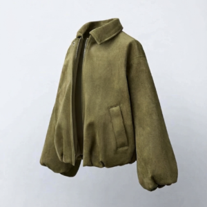 ژاکت بامبر دخترانه طرح جیر (Suede-Look) – رنگ سبز زیتونی