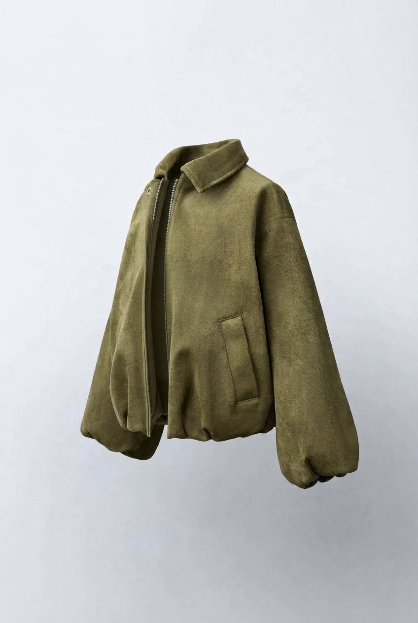 ژاکت بامبر دخترانه طرح جیر (Suede-Look) – رنگ سبز زیتونی